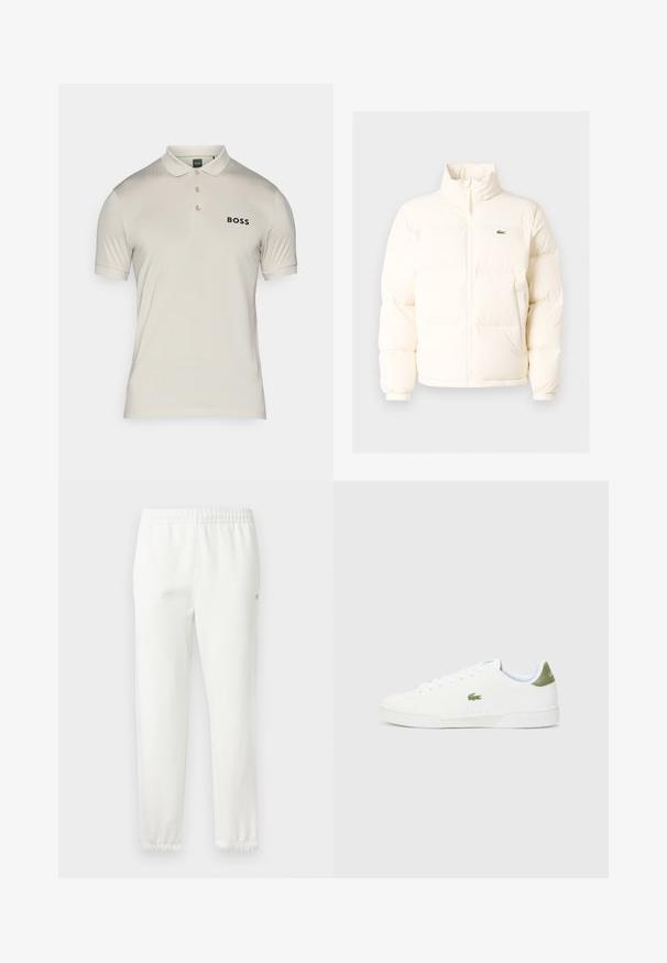 Bela puffer jakna z visokim ovratnikom, ki ima sprednji zadrgo, elastične manšete in majhen zeleni logotip na levem prsnem delu.; Svetlo-bež polo majica iz gladkega materiala, s ovratnikom, tremi gumbi in diskretnim logotipom v črni barvi na levem prsnem delu.; Bele bombažne trenirke z elastiko v pasu in ožjimi hlačnicami. Imajo majhen logotip na strani. Mehka tekstura, minimalistična zasnova.; Bele tene čevlje z gladko teksturo, ki imajo zeleno poudarjanje na peti in majhen vezen kroko logo ob strani.