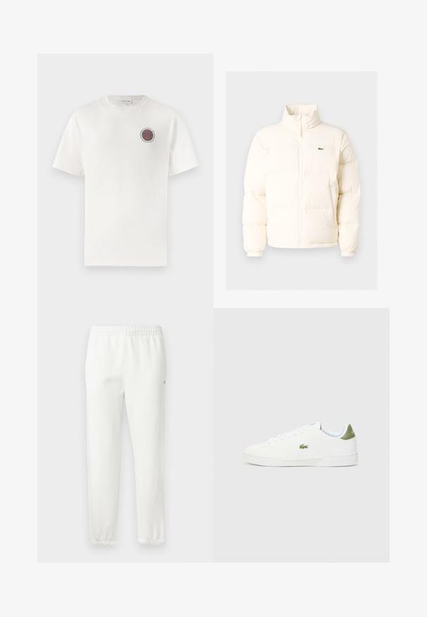 Casaco de puffer branco com colarinho alto, apresentando um fecho frontal com zíper, punhos elásticos e um pequeno logótipo verde no lado esquerdo do peito.; T-shirt de algodão branco com mangas curtas, apresentando um logótipo circular azul e laranja "Tennis Heritage" no lado esquerdo do peito.; Calças de algodão brancas com cintura elástica e pernas ajustadas. Apresenta um pequeno detalhe de logótipo na lateral. Textura suave, design minimalista.; Tênis brancos com uma textura suave, apresentando um detalhe verde no calcanhar e um pequeno logotipo de crocodilo bordado na lateral.