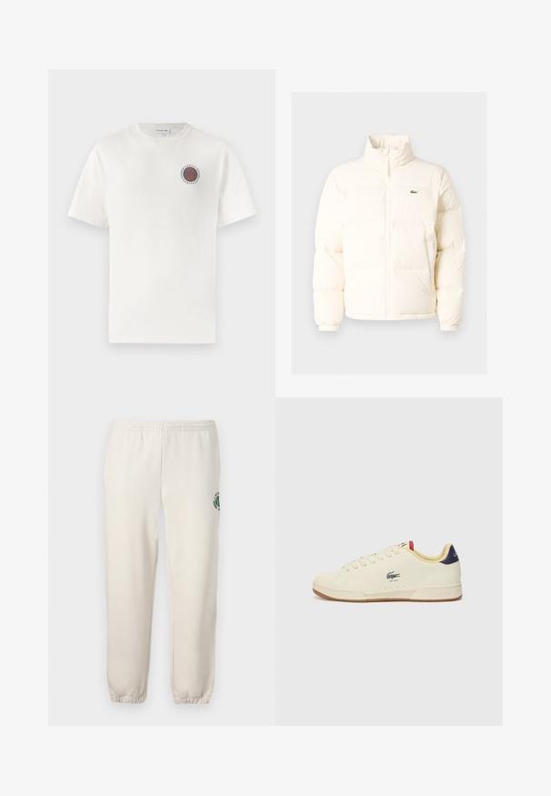 Casaco de puffer branco com colarinho alto, apresentando um fecho frontal com zíper, punhos elásticos e um pequeno logótipo verde no lado esquerdo do peito.; T-shirt de algodão branco com mangas curtas, apresentando um logótipo circular azul e laranja "Tennis Heritage" no lado esquerdo do peito.; Sweatpants beige claros feitos de algodão, com um cós elástico, punhos canelados e um logótipo verde com desenho de folha na perna esquerda.; Sapatilha Lacoste em couro creme com um acabamento texturizado. Apresenta uma sola de borracha, frente com atacadores, calcanhar azul-marinho e logótipo bordado.
