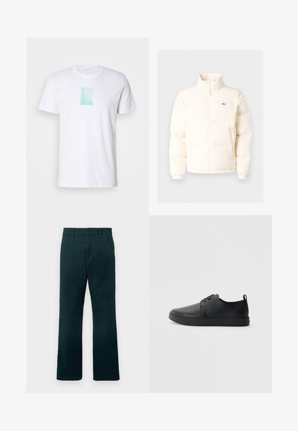 Casaco de puffer branco com colarinho alto, apresentando um fecho frontal com zíper, punhos elásticos e um pequeno logótipo verde no lado esquerdo do peito.; Camiseta branca de algodão com um gráfico retangular verde-menta com o texto "Calvin Klein Jeans" acima. Design de mangas curtas e decote redondo.; Calças retas de cor verde-escuro com passantes para cinto, bolsos laterais e fecho de botão sobre um fundo branco liso.; Sapatilha de couro preta com um acabamento liso, bico arredondado, costura ton sur ton, frente com atacadores e sola plana de borracha. Alça no calcanhar.