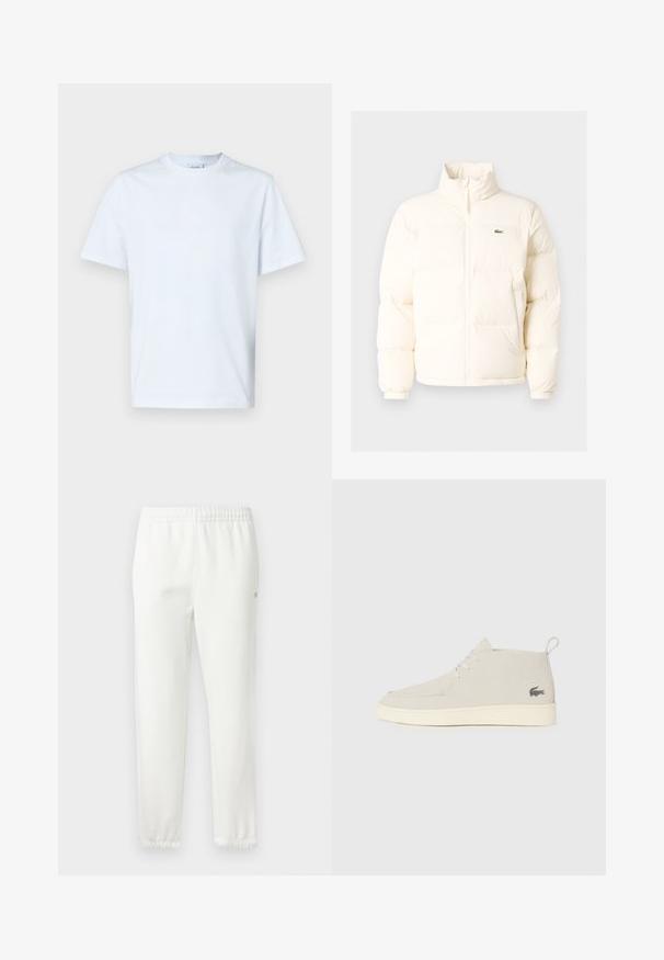 Biała kurtka puchowa z wysokim kołnierzem, z zamkiem błyskawicznym z przodu, elastycznymi mankietami i małym zielonym logo po lewej stronie klatki piersiowej.; Koszulka z krótkim rękawem i okrągłym dekoltem wykonana z miękkiej, białej bawełny. Posiada minimalistyczny design z dyskretnym logo na obszarze klatki piersiowej.; Białe bawełniane dresy z elastycznym pasem i zwężanymi nogawkami. Ozdobione małym logo z boku. Miękka tekstura, minimalny design.; Jasnoszare zamszowe botki do kostek z okrągłym nosem, białą gumową podeszwą i subtelnym detalem logo po bokach. Posiadają sznurowane zapięcie.