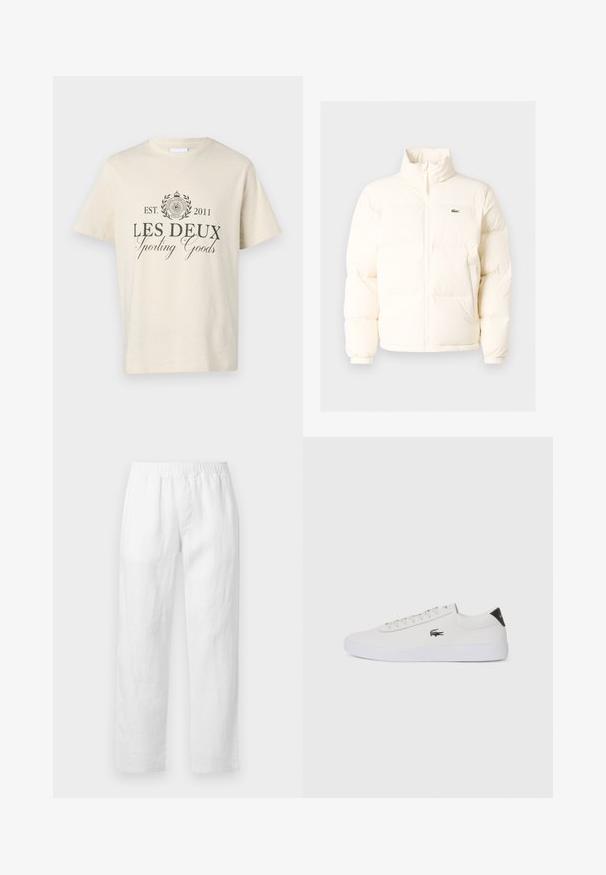 Valkoinen puhallettava takki, jossa on korkea kaulus, etuvetoketju, joustavat hihansuut ja pieni vihreä logo vasemmassa rinnassa.; Kreemivärvi puuvillane T-särk, millel on ümmargune logo lauriokstega, tekst "LES DEUX Sporting Goods" ja asutamisaasta 2011 mustas värvis.; Valkoiset pellavahousut, joissa on joustava vyötärönauha, suora lahjemalli ja pehmeä koostumus ilman näkyviä kuvioita tai metalliosia.; Valkoinen nahkakenkä pyöreällä varvalla, nauhakiinnitys edessä ja musta kantapään korostus. Sivussa pieni brodyoitu krokotiililogo.