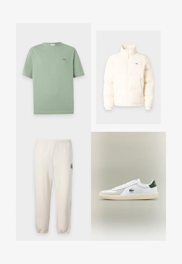 Balta pūkinė striukė su aukštu kaklu, turinti priekinį užtrauktuką, elastines rankogalius ir mažą žalią logotipą kairėje krūtinės pusėje.; Šviesiai žalia trumpomis rankovėmis marškinėliai, pagaminti iš medvilnės, su mažuoju išsiuvinėtu logotipu ant krūtinės ir apvaliu iškirpimu.; Šviesiai smėlinės spalvos medvilninės kelnės, su elastinga juosta, raukšlėtomis rankovėmis ir žalia logotipo su lapo dizainu kairiajame šone.; Baltos sportbačiai su žaliais akcentais, pagaminti iš zomšos ir odos, su apvaliu nose, tekstūruotu padu ir siuvinėtu logotipu šone bei ant liežuvio.