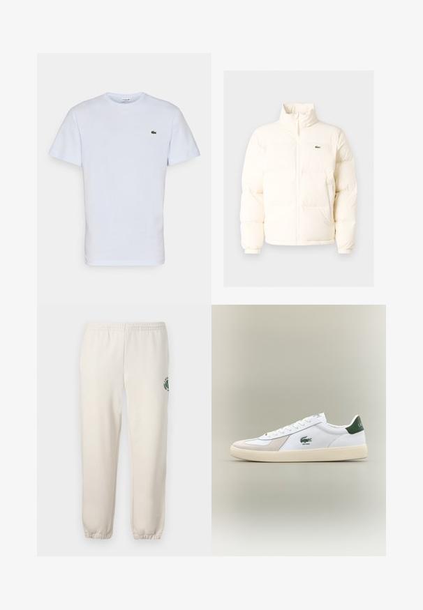 Balts pūkains jaka ar augstu apkakli, priekšā ar rāvējslēdzēju, elastīgām piedurknēm un mazu zaļu logo kreisajā krūtī.; Lacoste Pamata T-krekls - phoenix blue; Gaiši bēši kokvilnas sporta bikses ar elastīgu jostu, ribotām apakšmalām un zaļu logotipu ar lapu dizainu kreisajā kājā.; Baltie sporta apavi ar zaļiem akcentiem, izgatavoti no zamša un ādas, ar noapaļotu purngalu, teksturētu zoli un izšūtu logotipu sānos un uz mēles.