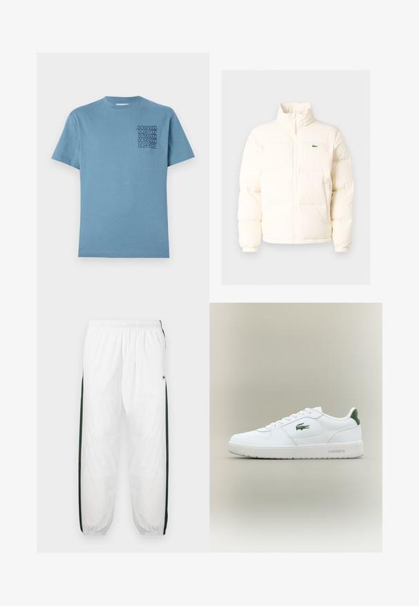 Chaqueta acolchada blanca con un alto cuello, que presenta una cremallera frontal, puños elásticos y un pequeño logotipo verde en el lado izquierdo del pecho.; Camiseta de algodón azul claro con cuello redondo y mangas cortas. En el lado izquierdo del pecho tiene un diseño del logotipo apilado en negro "LACOSTE".; Pantalones de chándal blancos con paneles laterales de color verde oscuro. Material ligero, cinturilla elástica y dobladillos con puños. Presenta textura de malla en los paneles laterales.; Zapatilla de cuero blanca con un acabado suave, acentos verdes en el talón y un logotipo verde en el lateral. Presenta una suela plana y una puntera redonda.
