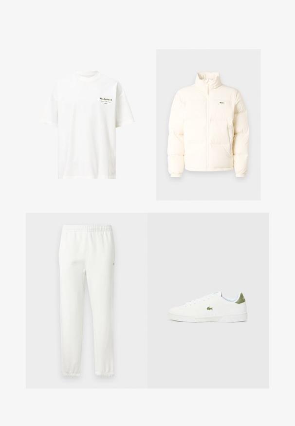 Bela puffer jakna z visokim ovratnikom, ki ima sprednji zadrgo, elastične manšete in majhen zeleni logotip na levem prsnem delu.; Bela bombažna majica s kratkimi rokavi, okroglo izrezana in z majhnim črnim in zlatim logotipom na levi prsni strani. Ravno robom na dnu.; Bele bombažne trenirke z elastiko v pasu in ožjimi hlačnicami. Imajo majhen logotip na strani. Mehka tekstura, minimalistična zasnova.; Bele tene čevlje z gladko teksturo, ki imajo zeleno poudarjanje na peti in majhen vezen kroko logo ob strani.