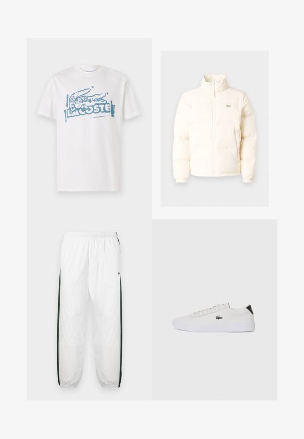 Chaqueta acolchada blanca con un alto cuello, que presenta una cremallera frontal, puños elásticos y un pequeño logotipo verde en el lado izquierdo del pecho.; Camiseta de algodón blanca con un logo de cocodrilo azul y el texto "LACOSTE", de manga corta, corte relajado y textura suave.; Pantalones de chándal blancos con paneles laterales de color verde oscuro. Material ligero, cinturilla elástica y dobladillos con puños. Presenta textura de malla en los paneles laterales.; Zapatilla de cuero blanca con punta redonda, parte frontal con cordones y acento negro en el talón. Presenta un pequeño logo de cocodrilo bordado en el lateral.