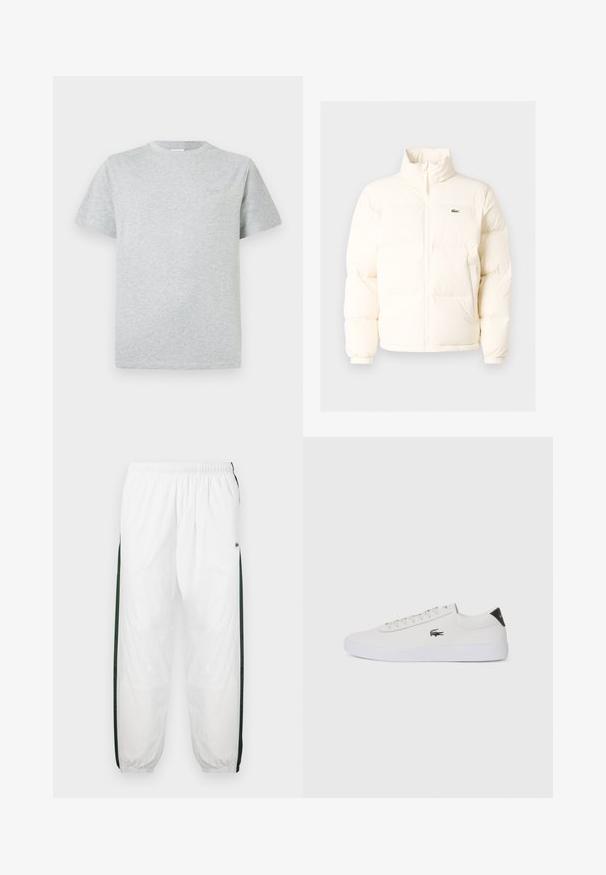 Valge pūusapüüri jope kõrge kaelusega, esiküljel lukuga, elastsete mansettidega ja väikese rohelise logoga vasakul rinnal.; Hallhallane puuvillane T-särk lühikeste varukatega, sirge lõikega ja nüansirohke logoga rinnal. Pehme tekstuur ning lihtne disain.; Valged sportpüksid tumeroheline külgpanelitega. Kerge materjal, elastne vöökoht ja mansetid. Külgpanelitel on võrkmuster.; Valge nahast tenniseking ümara ninaga, lukkude ja musta kontsa aktsendiga. Külgedel on väike broderi krokodilli logo.
