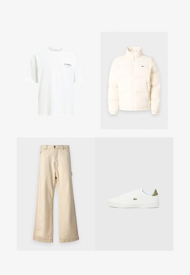 Valge pūusapüüri jope kõrge kaelusega, esiküljel lukuga, elastsete mansettidega ja väikese rohelise logoga vasakul rinnal.; Valge puuvillane T-särk lõdva lõikega, ümberkaudne kaelus ja vasakus rinnus halli teksti logo detail. Sile tekstuur, lühikesed varrukad.; Beige laiad jalgadega püksid, mis on valmistatud puuvillast ja millel on lukk ja nööp, kontrastsete õmbluste ja küljetaskutega.; Valged tossud siledast materjalist, millel on roheline aktsent kannaosas ja väike tikandiga krokodillilogo külgedel.