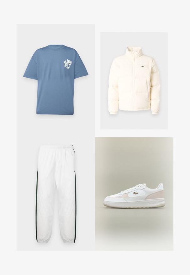Bílá nafouknutá bunda s vysokým límcem, předním zipem, elastickými manžetami a malým zeleným logem na levé straně hrudi.; AllSaints ORLANDO CREW - Triko s potiskem - damson blue; Bílé tepláky s tmavě zelenými postranními panely. Lehký materiál, elastický pas a stahované lemy. Obsahují síťovanou texturu na postranních panelech.; Bílé tenisky s hladkým koženým svrškem, semišovými doplňky a gumovou podrážkou. Obsahují embosované logo a šněrovací design. Minimalistická estetika.