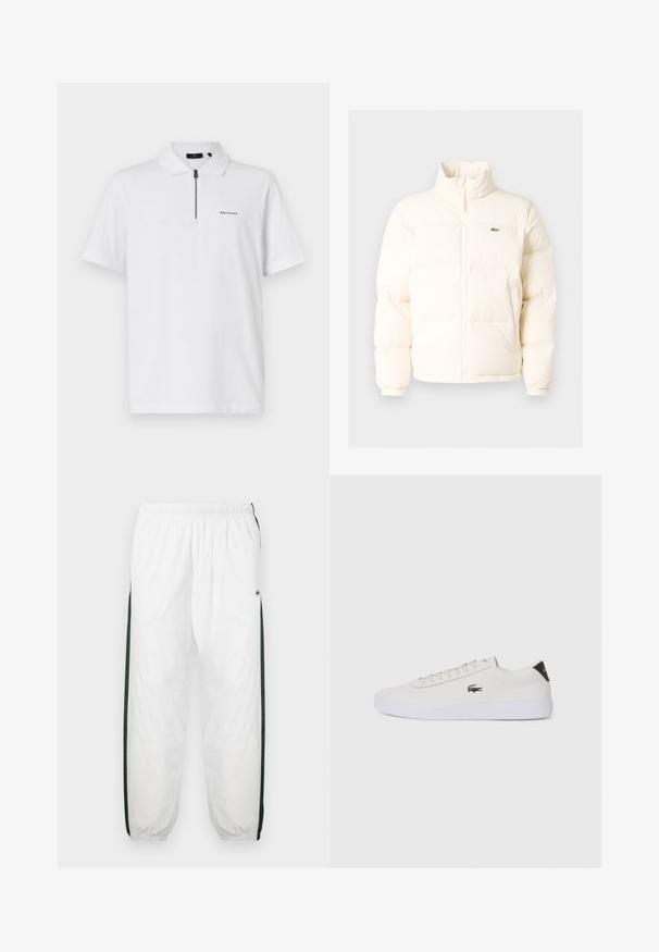 Valge pūusapüüri jope kõrge kaelusega, esiküljel lukuga, elastsete mansettidega ja väikese rohelise logoga vasakul rinnal.; Valge lühikeste varrukatega polo särk, lukuga krae ja väike must "BELSTAFF" logo vasakul rinnal. Sile puuvillane tekstuur.; Valged sportpüksid tumeroheline külgpanelitega. Kerge materjal, elastne vöökoht ja mansetid. Külgpanelitel on võrkmuster.; Valge nahast tenniseking ümara ninaga, lukkude ja musta kontsa aktsendiga. Külgedel on väike broderi krokodilli logo.
