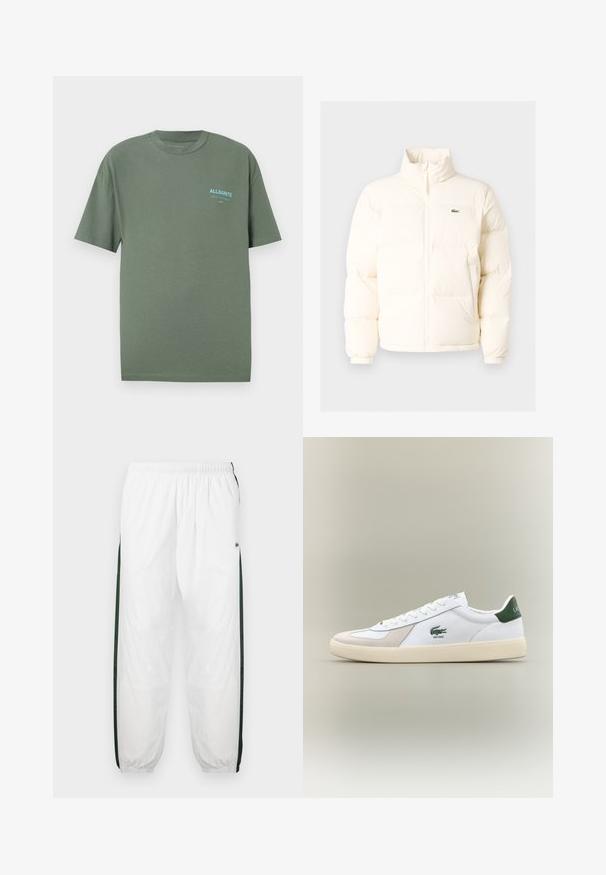 Valge pūusapüüri jope kõrge kaelusega, esiküljel lukuga, elastsete mansettidega ja väikese rohelise logoga vasakul rinnal.; Roheline puuvillane T-särk, millel on ümmargune kaelus, lühikesed varrukad ja väike sinine logo vasakul rinnal. Sile tekstuur, mugav lõige.; Valged sportpüksid tumeroheline külgpanelitega. Kerge materjal, elastne vöökoht ja mansetid. Külgpanelitel on võrkmuster.; Valged sneaks roheliste aktsentidega, nahast ja sametmaterjalidest, ümmarguse varbaga, tekstuuriga välistallaga ning tikandiga logo külje ja keele peal.