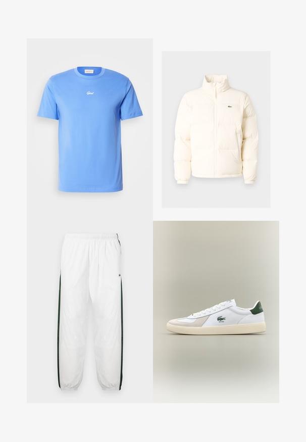 Fehér pufferezett dzseki magas gallérral, elülső zipzárral, rugalmas mandzsettákkal és egy kis zöld logóval a bal mellen.; Kék, rövid ujjú pamut póló, kerek nyakkivágással, a mellkason középen egy apró fehér "Gant" logóval. Puha tapintás, laza szabás.; Fehér sportnadrág sötétzöld oldalpanelekkel. Könnyű anyagból készült, rugalmas derékkal és gumis szegéllyel. Az oldalpaneleken hálós textúra található.; Fehér sportcipő zöld részletekkel, velúr és bőr anyagból, kerek orral, texturált talppal, és hímzett logóval az oldalon és a nyelvén.