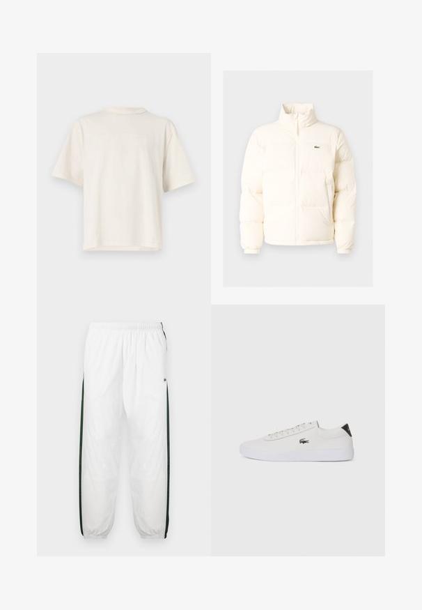 Biela puffrová bunda s vysokým golierom, predným zipsom, elastickými manžetami a malým zeleným logom na ľavom prsníku.; Krémová bavlnená tričko s krátkymi rukávmi, v strede s vyvýšeným logom "GUESS ORIGINALS". Okrúhly výstrih, uvoľnený strih.; Biele športové nohavice s tmavozelenými bočnými panelmi. Ľahký materiál, elastický pás a sťahované lemy. Obsahujú sieťovinovú textúru na bočných paneloch.; Biele kožené tenisky s okrúhlou špičkou, šnurovaním vpredu a čiernym akcentom na päte. Obsahujú malé vyšívané logo krokodíla na boku.