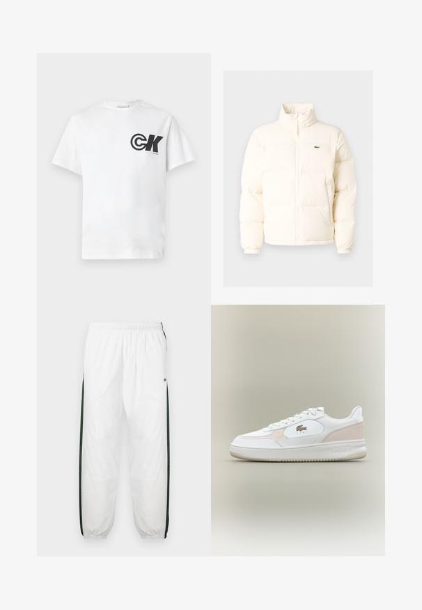 Balts pūkains jaka ar augstu apkakli, priekšā ar rāvējslēdzēju, elastīgām piedurknēm un mazu zaļu logo kreisajā krūtī.; Balta kokvilnas T-krekls ar melnu apļveida "CK" logotipu un tekstu kreisajā krūtī; apaļa kakla izgriezums un īsas piedurknes, vienkāršs dizains.; Baltas sporta bikses ar tumši zaļām sānu joslām. Viegls materiāls, elastīga josta un aproces apakšā. Satur acu auduma tekstūru sānu joslās.; Baltas sporta apavi ar gludu ādas augšdaļu, zamšādas akcentiem un gumijas zoli. Iekļauti izsistā logo un saistāmais dizains. Minimalistisks estētika.