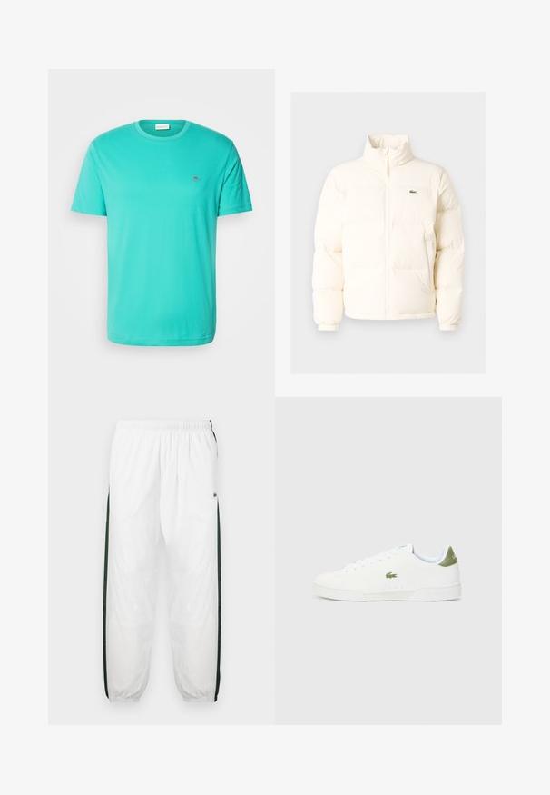 Balts pūkains jaka ar augstu apkakli, priekšā ar rāvējslēdzēju, elastīgām piedurknēm un mazu zaļu logo kreisajā krūtī.; GANT SHIELD - Pamata T-krekls - türkis/lagoon blue; Baltas sporta bikses ar tumši zaļām sānu joslām. Viegls materiāls, elastīga josta un aproces apakšā. Satur acu auduma tekstūru sānu joslās.; Baltas sporta apavi ar gludu virsmu, ar zaļu akcentu uz papēža un mazu izšūtu krokodila logo sānos.