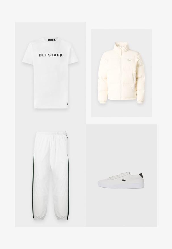 Balta pūkinė striukė su aukštu kaklu, turinti priekinį užtrauktuką, elastines rankogalius ir mažą žalią logotipą kairėje krūtinės pusėje.; Baltas medvilninis marškinėliai su juodu "BELSTAFF" logotipu priekyje. Klasikinis apvalus kaklas ir trumpi rankovės su mažo logotipo detale ant apvado.; Baltos treniruočių kelnės su tamsiai žaliais šonų juostelėmis. Lengva medžiaga, elastinga juosmens juosta ir apASPIRUOTI rankogaliai. Šonų juostelėse yra tinklelio tekstūra.; Balti odiniai sportbačiai su apvalia nosimi, raištelių užsegimu priekyje ir juodu akcentu ant kulno. Šone yra mažas išsiuvinėtas krokodilo logotipas.
