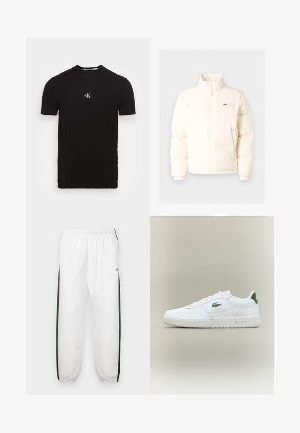 Valge pūusapüüri jope kõrge kaelusega, esiküljel lukuga, elastsete mansettidega ja väikese rohelise logoga vasakul rinnal.; Must have lühikeste varrukatega must puuvillane t-särk, ümmargune kaelus ja väike valge logo vasakul üleval. Sile tekstuur, tavaline lõige.; Valged sportpüksid tumeroheline külgpanelitega. Kerge materjal, elastne vöökoht ja mansetid. Külgpanelitel on võrkmuster.; Valge nahkne spordijalats sujuva viimistlusega, rohelised aktsendid kanna peal ja roheline logo küljel. Omab lamedat tallat ja ümmargust varvast.