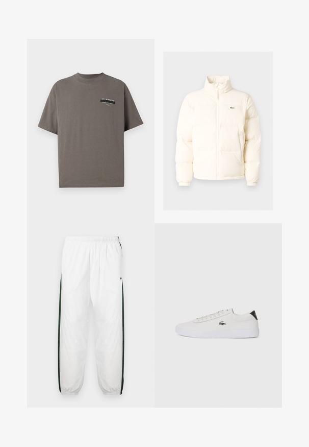 White puffer jacket with a high collar, featuring a front zipper, elastic cuffs, and a small green logo on the left chest.; Gray cotton t-shirt with a crew neckline, short sleeves, and a branded pocket print featuring "ALL SAINTS" and additional text.; White track pants with dark green side panels. Lightweight material, elastic waistband, and cuffed hems. Features mesh texture on side panels.; White leather sneaker with round toe, lace-up front, and black heel accent. Features a small embroidered crocodile logo on the side.