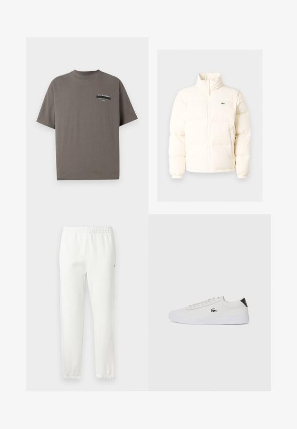 Hvid pufferjakke med høj krave, der har en frontlynlås, elastiske manchetter og et lille grønt logo på venstre bryst.; Grå bomulds T-shirt med blødt rundet udskæring, korte ærmer og et mærket lommeprint med "ALL SAINTS" og yderligere tekst.; Hvide bomulds-svedbukser med elastisk talje og indsnævrede ben. Har et lille logo-detalje på siden. Blød stof, minimalistisk design.; Hvide lædersneakers med rund tå, snørebånd foran og sort hælaccent. Har et lille broderet krokodillelogo på siden.
