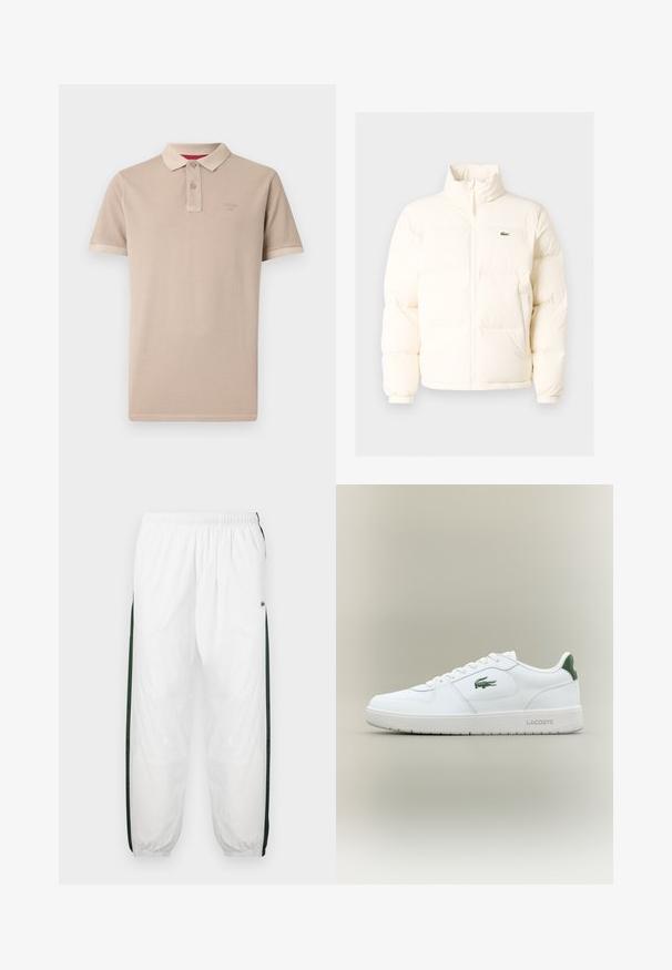 Biela puffrová bunda s vysokým golierom, predným zipsom, elastickými manžetami a malým zeleným logom na ľavom prsníku.; Béžová polo košeľa vyrobená z mäkkého materiálu, s klasickým golierom, dvojitým gombíkovým zapínaním, krátkymi rukávmi a nenápadným logom na hrudi.; Biele športové nohavice s tmavozelenými bočnými panelmi. Ľahký materiál, elastický pás a sťahované lemy. Obsahujú sieťovinovú textúru na bočných paneloch.; Biele kožené tenisky s hladkým povrchom, zelenými akcentami na päte a zeleným logom na boku. Majú plochú podrážku a okrúly špičku.