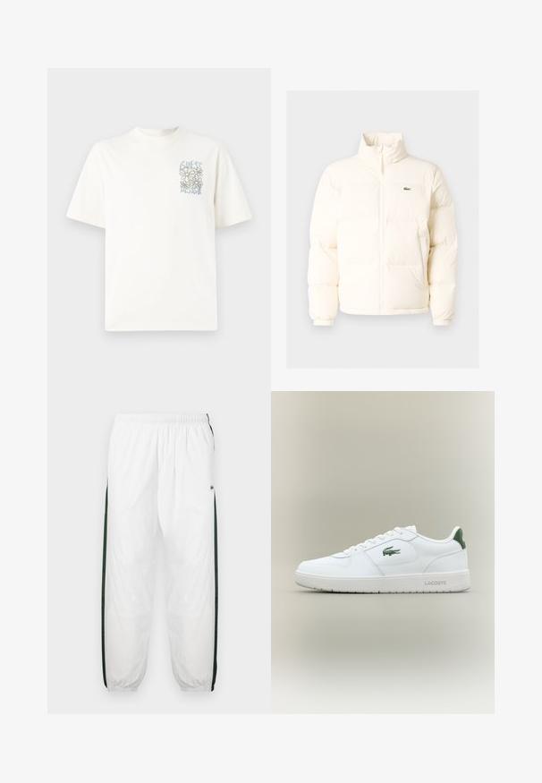Bela puffer jakna z visokim ovratnikom, ki ima sprednji zadrgo, elastične manšete in majhen zeleni logotip na levem prsnem delu.; Bela bombažna majica s kratkimi rokavi, okrašena z modrim in sivo cvetličnim vzorcem ter besedilom "GUESS DESIGN" v ilustrativnem slogu.; Bela tekaška hlače s temno zelenimi stranskimi ploščami. Lahka material, elastični pas in prikrajšani robovi. Imajo mrežasto teksturo na stranskih ploščah.; Bela usnjena tenisačka obutev s gladko površino, z zelenimi poudarki na peti in zelenim logotipom ob strani. Ima ravno podplat in okroglo konico.