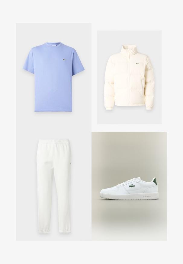 Balts pūkains jaka ar augstu apkakli, priekšā ar rāvējslēdzēju, elastīgām piedurknēm un mazu zaļu logo kreisajā krūtī.; Gaiši zilas kokvilnas T-kreklis ar apaļu kaklu un īsām piedurknēm. Uz krūtīm ir mazs izšūts zaļš aligators.; Baltas kokvilnas sporta bikses ar elastīgu jostasvietu un šaurām kājām. Sānos ir neliels logotipa uzraksts. Mīksta tekstūra, minimālisma dizains.; Baltas ādas sneakers ar gludu apdari, zaļiem akcentiem uz papēža un zaļu logotipu sānos. Iezīmē platu zoli un apaļu pirkstu.