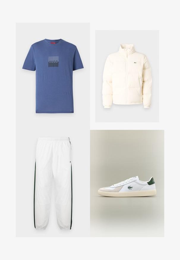 Valge pūusapüüri jope kõrge kaelusega, esiküljel lukuga, elastsete mansettidega ja väikese rohelise logoga vasakul rinnal.; Sinine T-särk, mis on valmistatud pehmest puuvillast. T-särgil on tumedast hallist ruudukujuline logo, mille keskel on tekst "HUGO". Lühikesed varrukad ja ümmargune kaelus.; Valged sportpüksid tumeroheline külgpanelitega. Kerge materjal, elastne vöökoht ja mansetid. Külgpanelitel on võrkmuster.; Valged sneaks roheliste aktsentidega, nahast ja sametmaterjalidest, ümmarguse varbaga, tekstuuriga välistallaga ning tikandiga logo külje ja keele peal.