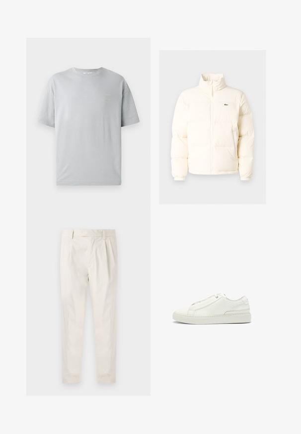 White puffer jacket with a high collar, featuring a front zipper, elastic cuffs, and a small green logo on the left chest.; Gray cotton t-shirt with a relaxed fit, short sleeves, and a small yellow text detail on the front. Soft texture and classic crew neckline.; White, pleated trousers with a tailored fit, featuring a smooth texture, belt loops, and tapered legs. No visible pockets or patterns.; White leather sneaker featuring a textured upper, a round toe, minimalistic design, and a rubber sole with stitched detailing.