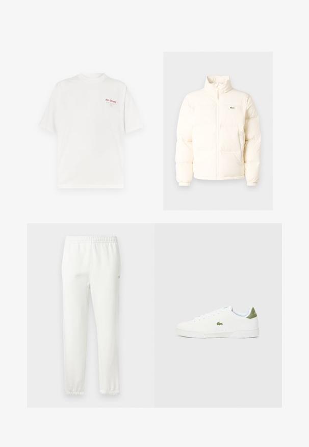 Vit puffjacka med hög krage, som har en framdragkedja, elastiska muddar och en liten grön logotyp på vänster bröst.; Vit bomullströja med rund hals, korta ärmar och en röd logotyp på vänster bröst, med en slät textur och avslappnad passform.; Vita bomullsbyxor med elastisk midja och smalnande ben. Har en liten logotypdetalj på sidan. Mjuk textur, minimalistisk design.; Vita sneakers med en slät textur, med en grön detalj vid hälen och en liten broderad krokodil-logga på sidan.
