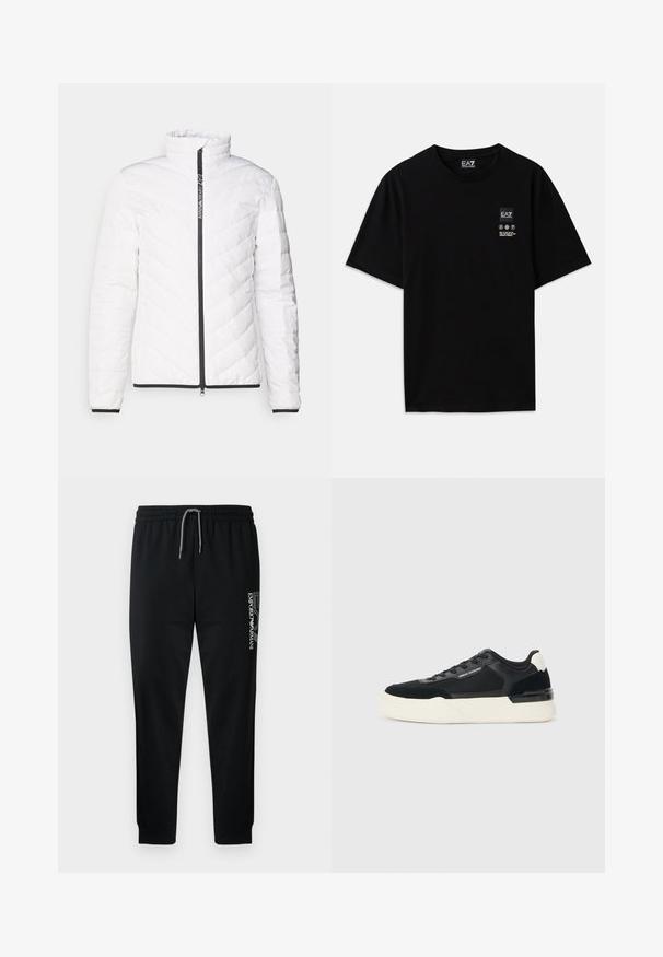 Balta pūkaina jaka ar augstu apkakli, diagonālu quilted rakstu, melnu rāvējslēdzēju un melnu apdari gar piedurknēm un apakšmalu.; Melnas kokvilnas T-krekls ar īsām piedurknēm, apaļo kakla izgriezumu un nelielu logotipa birku priekšpusē ar baltiem apzīmējumiem par kopšanu.; Melnas sporta bikses ar elastīgu jostu, regulējamu aukliņu un iespiestu logotipu sānos. Gluda auduma ar konisku dizainu.; Melnas sporta kurpes, kas izgatavotas no sieta un ādas, ar biezām baltām zoles un kontrastējošiem akcentiem. Mežģīņu un logo detaļa sānos.