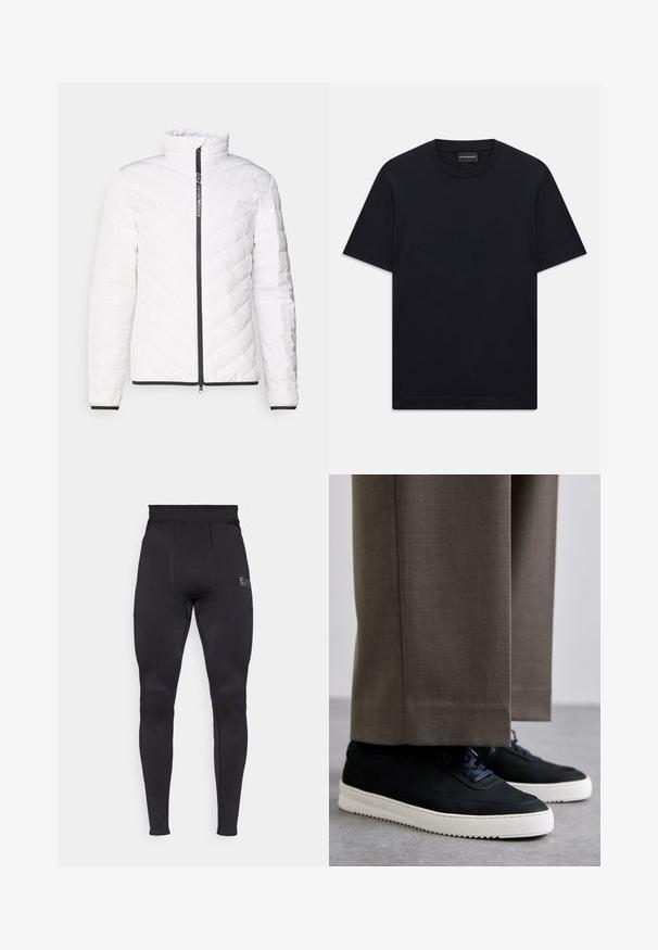 Balta pūkaina jaka ar augstu apkakli, diagonālu quilted rakstu, melnu rāvējslēdzēju un melnu apdari gar piedurknēm un apakšmalu.; Melnas īsām piedurknēm T-krekls ar apaļu kakla izgriezumu, ar smalku iepresētu logotipa dizainu krūšu centrā un zīmola etiķeti apakšā kaklā.; Melni aktīvi legingi ar teksturētu paneļa rakstu, augstu jostasvietu un šauru piegriezumu. Iezīmēts ar diskrētu logotipu augšējā kājā.; Melni zamšaini sporta apavi ar baltām gumijas zolēm, ar noapaļotu purngalu un auklām, valkāti ar pelēkiem piegrieztiem biksēm.