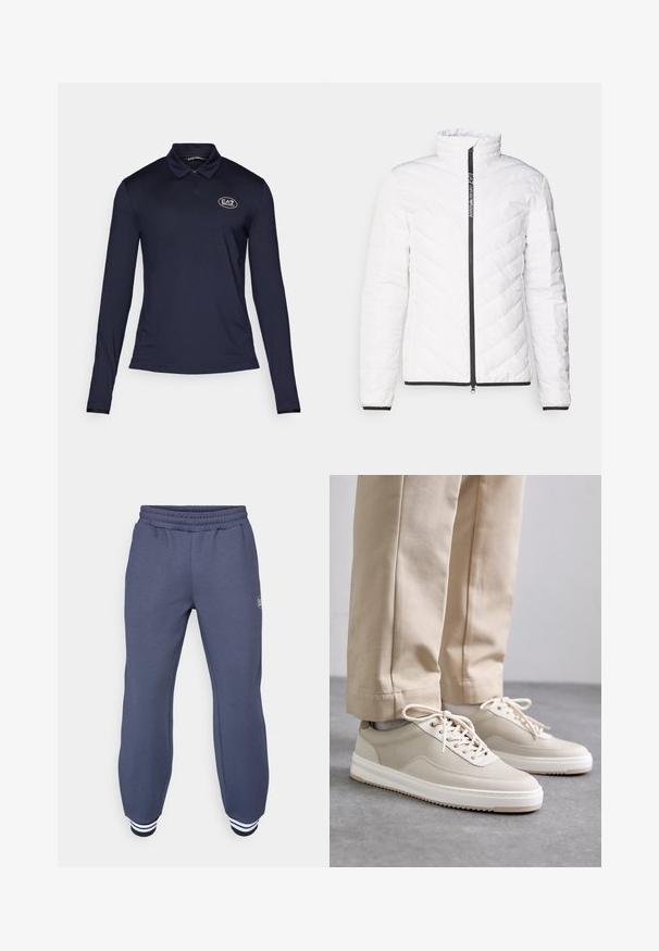 Casaco puffer branco com gola alta, padrão acolchoado diagonal, fecho preto e ribanas pretas nas mangas e na bainha.; Polo de manga longa azul-marinho com colarinho com zíper, tecido texturizado, apresentando um logótipo EA7 no lado esquerdo do peito. Cor sólida, design minimalista.; Calças de fato azul-marinho feitas de um tecido macio, com um cós elástico e punhos canelados com riscas brancas nos tornozelos; padrão texturizado subtil.; Sapatilhas bege com um upper texturizado, solas brancas e detalhes cosidos, combinadas com calças bege, expostas sobre uma superfície cinza.