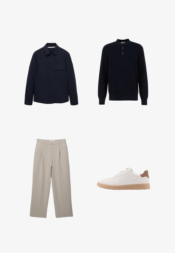 Granatowa kurtka zapinana na guziki z długimi rękawami, kołnierzem, przednią kieszenią naszywaną oraz teksturowanym materiałem. Zapięcie znajduje się z przodu na guziki.; WE Fashion - Koszulka polo; PULL&BEAR - Spodnie materiałowe; Białe skórzane sneakersy o gładkim wykończeniu, z brązowymi akcentami na pięcie i beżową gumową podeszwą. Posiadają płaskie sznurowadła i proste przeszycia po bokach.