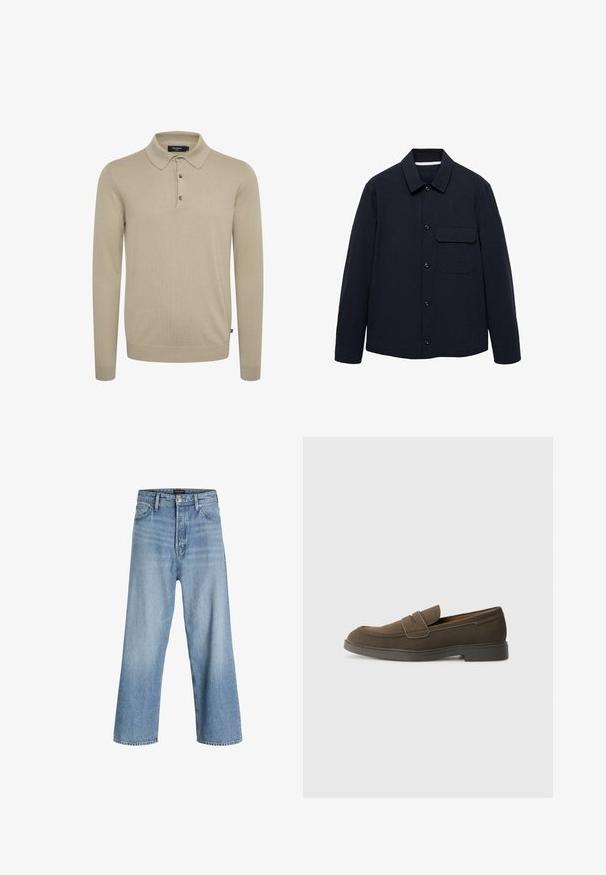Mornarska jakna s gumbi, dolgimi rokavi, ovratnikom, sprednjim žepom in teksturirano tkanino. Gumbi so na sprednji strani za zapiranje.; Polo majica s dugimi rokavi v svetlo bež pletenini, z oblačnim ovratnikom, tridelno zapenjanjem in rebrastimi manšeti.; Svijetloplave traperice širokih nogavica od denima, s visokim strukom, klasičnim dizajnom s pet džepova te kopčanjem na gumbe s patentnim zatvaračem.; Rjavi semenski loafers s zaobljenim nosom, trak iz čez zgornji del in ravnim gumijastim podplatom. Enostavna oblika z čistimi linijami in minimalnim okrasjem.