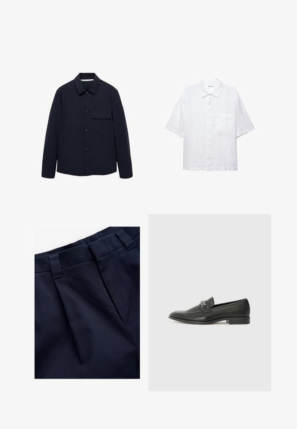 Veste navy à boutonnière avec manches longues, col, poche plaquée à l'avant et tissu texturé. Les boutons sont à l'avant pour la fermeture.; Chemise blanche à manches courtes avec un devant à boutons, un col et une seule poche poitrine. Fabriquée en tissu léger avec une texture douce.; Pantalons plissés navy en tissu lisse et texturé. Présentent une taille plate et des passants de ceinture, conçus pour le confort et l'ajustement.; Mocassin en cuir noir avec une finition lisse, présentant un design cousu et une accent décoratif en chaîne métallique sur le rand. Talon plat.