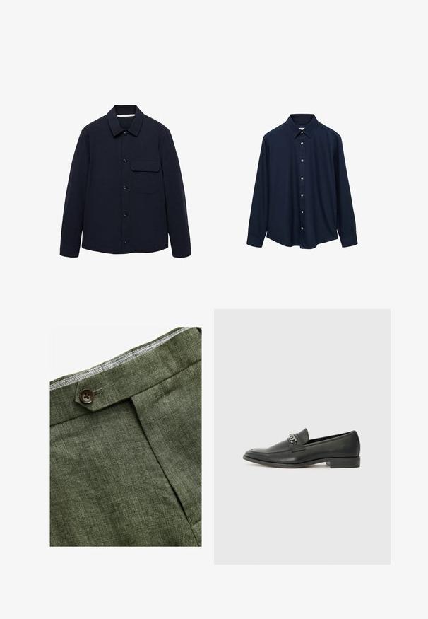 Marineblaue Hemdjacke mit langen Ärmeln, einem Kragen, einer vorderen aufgesetzten Tasche und strukturiertem Stoff. Die Knöpfe befinden sich vorne zur Schließung.; Dunkelblaues langärmliges Hemd mit spitzem Kragen, vorderer Knopfverschluss und geradem Saum. Hergestellt aus einem glatten, texturierten Stoff.; Olivengrüne Leinenhose mit einem Bundfalten, ausgestattet mit einem Knopfverschluss und einem kontrastierenden karierten Futter am Bund.; Schwarzer Lederloafer mit glatter Oberfläche, ausgestattet mit einer gesteppten Gestaltung und einem dekorativen Metallkettendetail über dem Vorderblatt. Flacher Absatz.