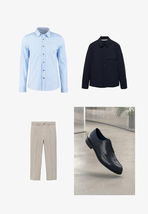 Navy button-up jacket with long sleeves, a collar, front patch pocket, and textured fabric. Buttons are at the front for closure.; Light blue long-sleeve shirt with a button-down collar, featuring dark blue buttons and a checked fabric accent inside the collar.; Light beige trousers made of a cotton blend, featuring a straight leg design, front pleats, a button closure, and side pockets.; Glossy black leather dress shoe with laces, floating above a smooth, light gray floor and vertical metallic bars in the background.