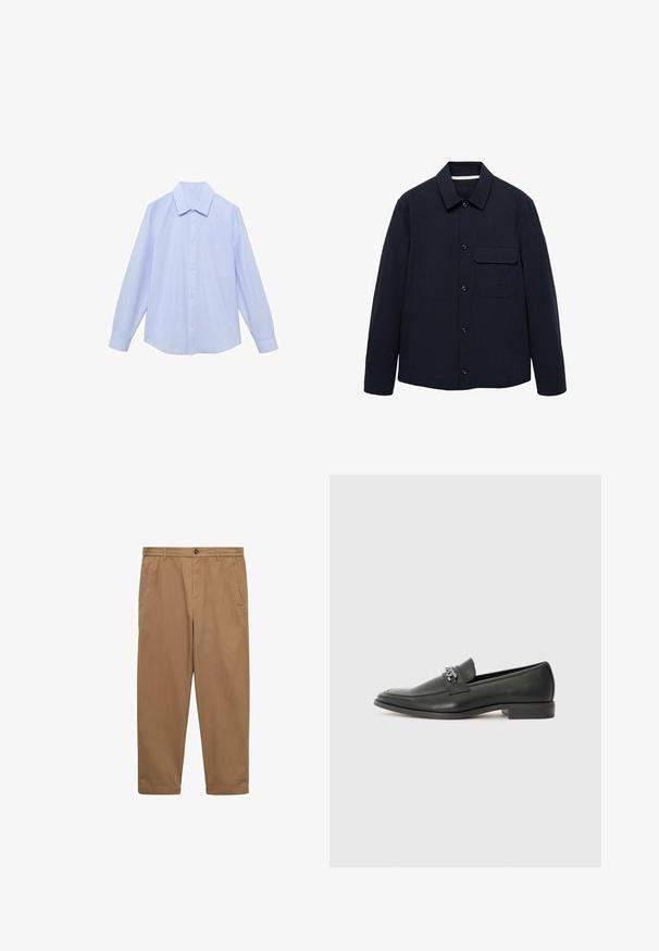 Marine knoopjack met lange mouwen, een kraag, voorzak en textuurstof. Knopen zijn vooraan voor sluiting.; Lichtblauwe langearmige button-up shirt met witte verticale strepen, voorzien van een klassieke kraag en een enkele borstzak.; Bruine katoenen chinos met een rechte snit, twee zijzakken, een knoopsluiting en een zachte textuur. Middelhoge taille en taps toelopende pijpen.; Zwarte leren instapper met een gladde afwerking, voorzien van een gestikt ontwerp en een decoratieve metalen kettingaccent over de wreef. Platte hak.