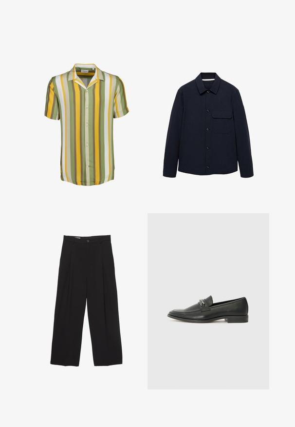 Marineblaue Hemdjacke mit langen Ärmeln, einem Kragen, einer vorderen aufgesetzten Tasche und strukturiertem Stoff. Die Knöpfe befinden sich vorne zur Schließung.; Kurzarmliges Hemd mit Knöpfen, in grün, gelb und weiß gestreift, vertikale Streifen, mit einem Camp-Kragen und abgerundetem Saum. Glatte Stofftextur.; Schwarze weit geschnittene Hose aus glattem Stoff, mit flachem Taillenbund, vorderen Falten und einer einzigen Knopfverschlus.; Schwarzer Lederloafer mit glatter Oberfläche, ausgestattet mit einer gesteppten Gestaltung und einem dekorativen Metallkettendetail über dem Vorderblatt. Flacher Absatz.