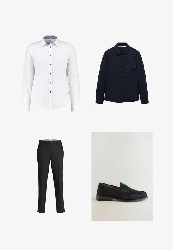 Jachetă bleumarin cu mâneci lungi, guler, buzunar frontal și țesătură texturată. Butoanele sunt amplasate la față pentru închidere.; Cămașă albă cu mâneci lungi, cu guler cu nasturi, având nasturi accente albastre și un model în carouri albastre în interiorul gulerului.; Pantaloni negri, croi ajustat, material neted, talie medie, închidere frontală cu nasture, buzunare diagonale și detalii cu pliuri pe picioare.; Mocasini din suede bleumarin, cu un accent cusut și un toc mic din lemn maro. Vârf rotund și design slip-on fără hardware vizibil.