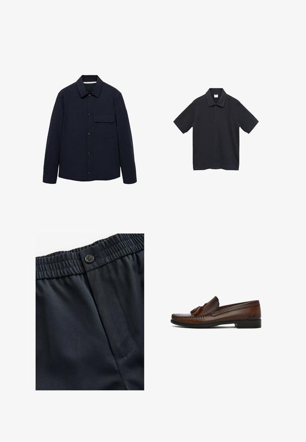 Navy button-up jacket with long sleeves, a collar, front patch pocket, and textured fabric. Buttons are at the front for closure.; Black polo shirt made of smooth cotton material. Features a classic collar, short sleeves, and a three-button placket.; Navy blue, lightweight fabric with a smooth texture. Features an elastic waistband with a button closure and a single side pocket.; Brown leather loafers with a rounded toe, decorative tassels, and contrast stitching. Textured upper and flat rubber sole.