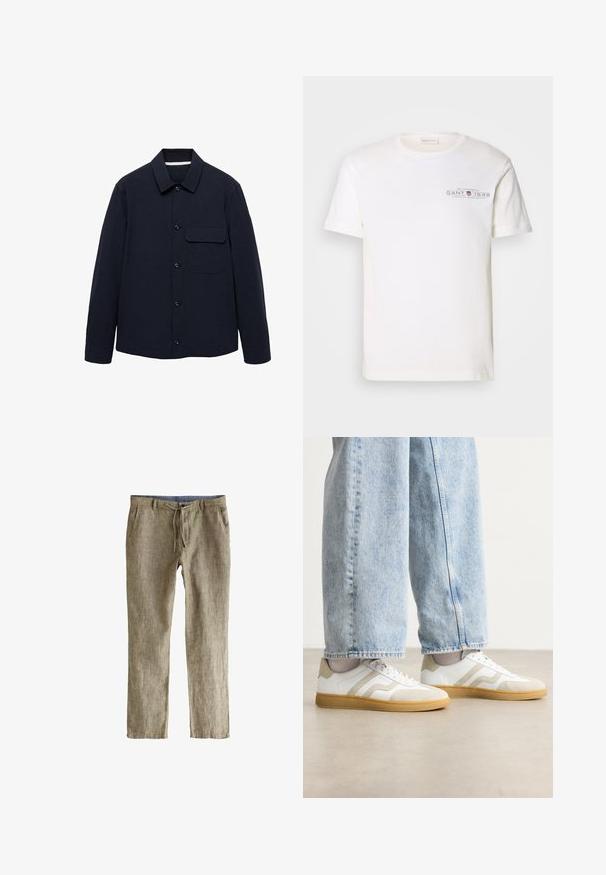 Navy button-up jacket with long sleeves, a collar, front patch pocket, and textured fabric. Buttons are at the front for closure.; White cotton t-shirt with a crew neck, short sleeves, and a printed logo. Features minimalist design and relaxed fit.; Linen blend trousers, light brown with a textured finish, featuring a drawstring waistband and side pockets. Lightweight and straight-cut design.; White sneakers with beige suede accents and light rubber soles; features a low-top design and textured detailing on the upper.