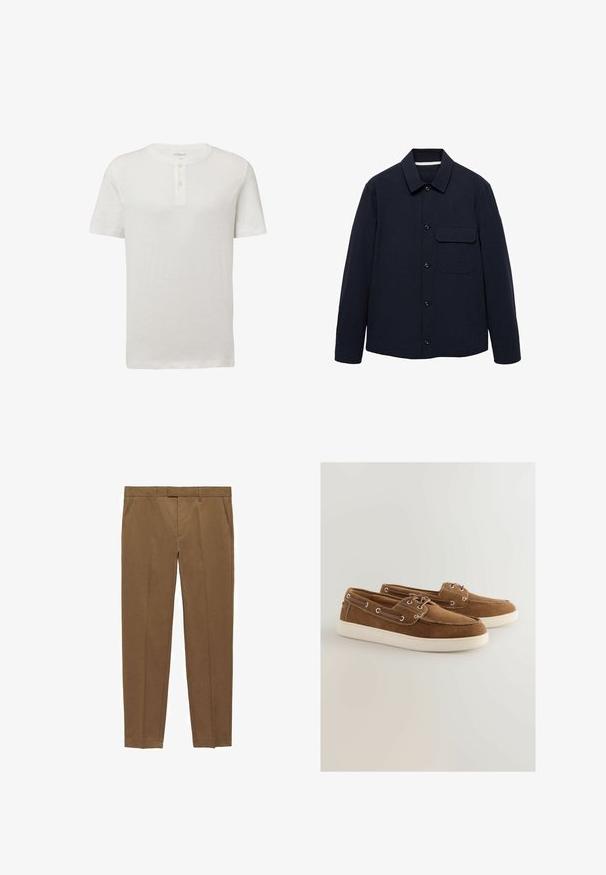 Merinovihreä nappikiinnitteinen takki pitkillä hihoilla, kauluksella, etupuolen läpällisellä taskulla ja teksturoidulla kankaalla. Napit ovat edessä kiinnitystä varten.; Valkoinen lyhythihainen t-paita, jossa on pyöreä kaula-aukko, kaksinappinen läppä ja hienovarainen rakenne. Rinnassa pieni logo.; Ruske räätälöidyt housut, jotka on valmistettu sileästä kankaasta, joissa on tasainen etuosa, suorat lahkeet, vyölenkit ja sivutaskut.; Ruskeat samettiset kengät, joissa on valkoinen kumipohja, nauhakiinnitys, metalliset silmukat ja erottuva ommel reunoilla.