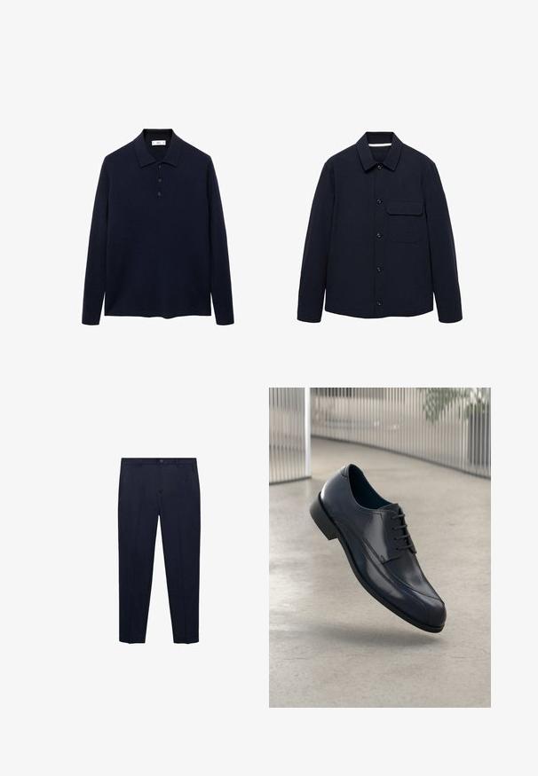 Jachetă bleumarin cu mâneci lungi, guler, buzunar frontal și țesătură texturată. Butoanele sunt amplasate la față pentru închidere.; Tricou polo albastru marin cu mâneci lungi, cu trei butoane și guler standard, expus pe un fundal alb.; Pantaloni bleumarin dintr-un material neted, cu o croială dreaptă, talie standard cu un nasture și buzunare laterale subtile.; Pantofii eleganți din piele veritabilă neagră, cu șireturi, plutind deasupra unui podea netedă, de culoare gri deschis, cu bare metalice verticale în fundal.