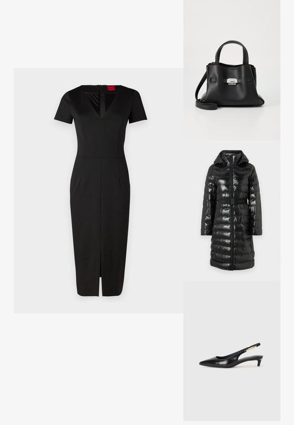 Casaco puffer preto com acabamento brilhante, apresentando capuz, cintura com cinto, fecho zip e padrão acolchoado horizontal. Logótipo da marca na faixa.; Vestido preto ajustado com mangas curtas, decote em V, abertura frontal e design estruturado. Feito de um tecido liso e elástico. Etiqueta visível.; Saltos slingback em couro preto com bico fino, apresentando um salto esguio e um detalhe em tom dourado na alça ajustável. Textura suave.; Bolsa de mão de couro preto com um acabamento texturizado, apresentando duas alças superiores, uma alça de ombro destacável e um detalhe de fecho prateado.