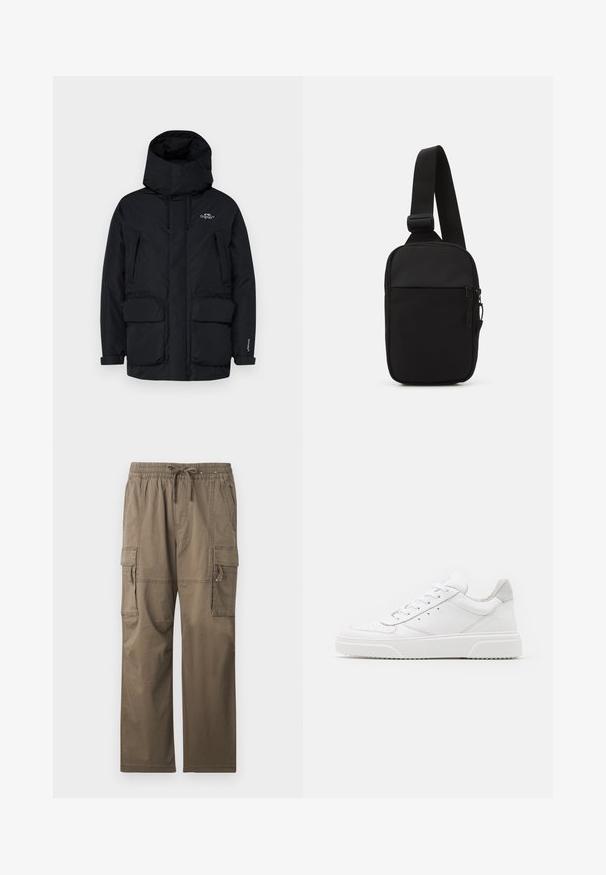 Melna izolēta parka jaka ar augstu apkakli, regulējamu kapuci, divām lielām priekšējām kabatām un ar rāvējslēdzēju aizveramu sānu kabatu uzglabāšanai.; Balta kokvilnas T-kreklu ar īsām piedurknēm, apaļu kakla izgriezumu un sarkanu grafisku tekstu "GARDI ATSPIRDZINOŠI AUGĻI" priekšpusē.; Kravas bikses muted brūnā krāsā, ar elastīgu jostu ar auklu, daudziem sānu kabatām un brīvu piegriezumu.; Baltie ādas sporta apavi ar gludu virsmu, noapaļotu purngalu, plakaniem šņorēm un reljefa zoli. Pelēks zamšādas akcenti pie papēža.; Melnā krusta soma, kas izgatavota no izturīga auduma, ar vienu regulējamu siksnu, ar rāvējslēdzēju galveno nodalījumu un priekšējo kabatu.