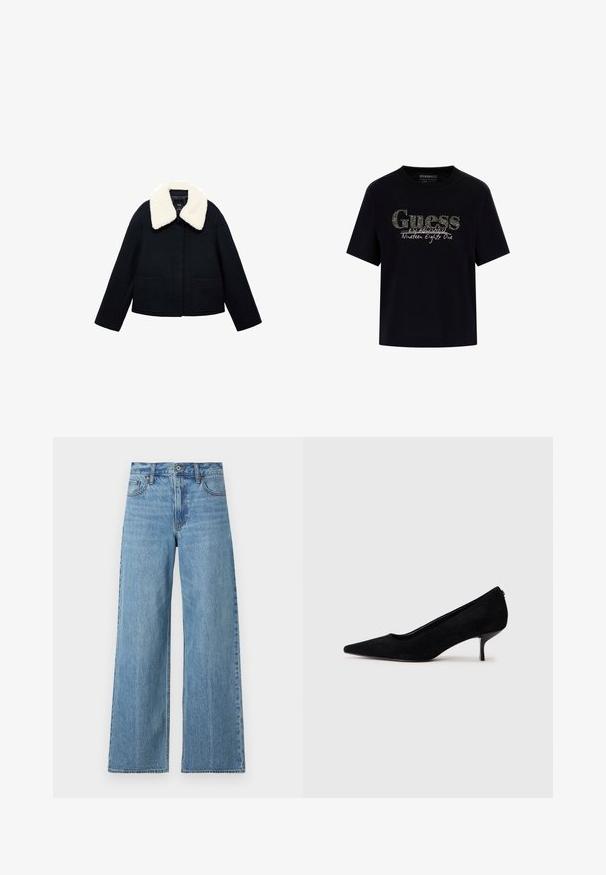 Jachetă neagră din lână cu guler mare din blană artificială albă și două buzunare frontale cu clapă, mâneci lungi și închidere frontală cu nasturi.; Tricou din bumbac negru cu guler rotund și mâneci scurte. Are un logo strălucitor "Guess" și textul "Înființat în 1981".; Blugi largi de culoare albastru deschis, din denim, cu talie înaltă, cusături contrastante și design cu cinci buzunare, dotat cu închidere cu nasture.; Pantofii cu toc înalt din suede negru, cu vârf ascuțit și un toc subțire, jos. Textură netedă, cu un design elegant, fără hardware vizibil.