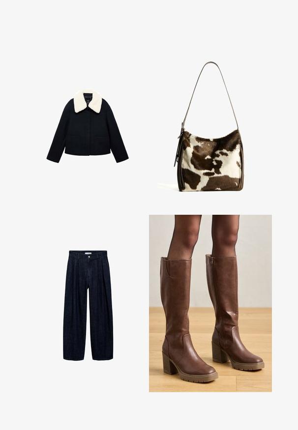 Jachetă neagră din lână cu guler mare din blană artificială albă și două buzunare frontale cu clapă, mâneci lungi și închidere frontală cu nasturi.; Tricou de bumbac alb supradimensionat, cu mâneci scurte, guler rotund și textură netedă. Fără modele sau detalii hardware vizibile.; Pantaloni largi din denim închis, cu pliseuri la talie, având un button frontal și pasaje pentru curea. Textură netedă și design pe întreaga lungime.; Anna Field Cizme cu platformă - cognac; Geantă de umăr din piele de vacă maro și crem, cu o bandă din piele netedă, închidere cu fermoar și o suprafață moale, texturată, cu un model natural.