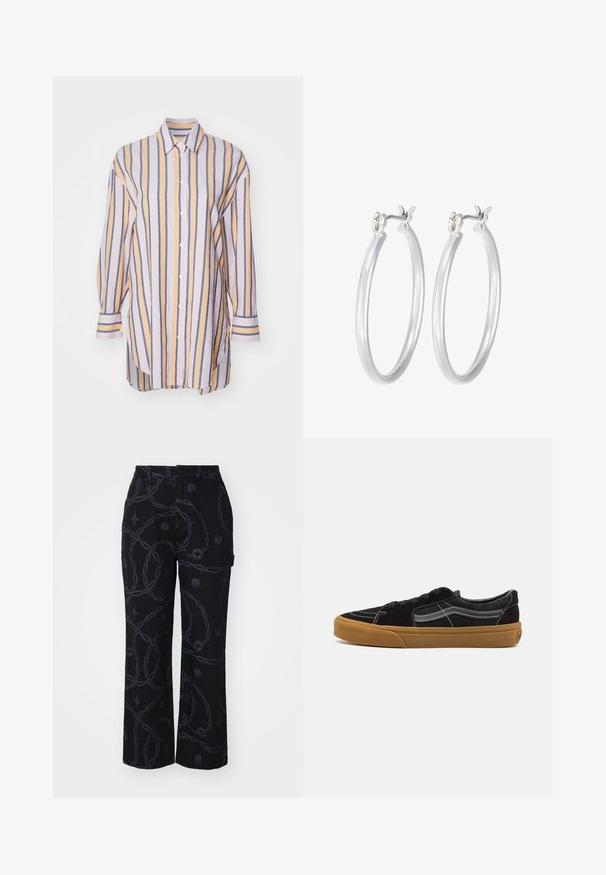 Modrá kordurová bomber bunda s námorníckym rebrovaným golierom a manžetami, s predným zipom a bočnými vreckami.; Dlhý rukáv s košeľovým golierom, so zapínaním na gombíky a vertikálnymi pruhmi v pastelových žltých, modrých a levanduľových farbách. Obsahuje goliér a zaoblený lem.; Čierne nohavice s širokými nohavicami vyrobené z tkaniny s tmavým reťazovým vzorom a okrúhlymi emblematickými akcentmi. Obsahujú zapínanie na gombík a bočné vrecko.; Čierne semišové tenisky s bielym prešívaním a podpisovou bočnou pruhou, s tan gumovou podrážkou a nízkym dizajnom. S šnúrkami v čiernej farbe.; Strieborné kruhové náušnice s hladkým, lesklým povrchom. Kolový tvar a bezpečné klikanie na uzatváranie. Ľahký dizajn vhodný na každodenné nosenie.